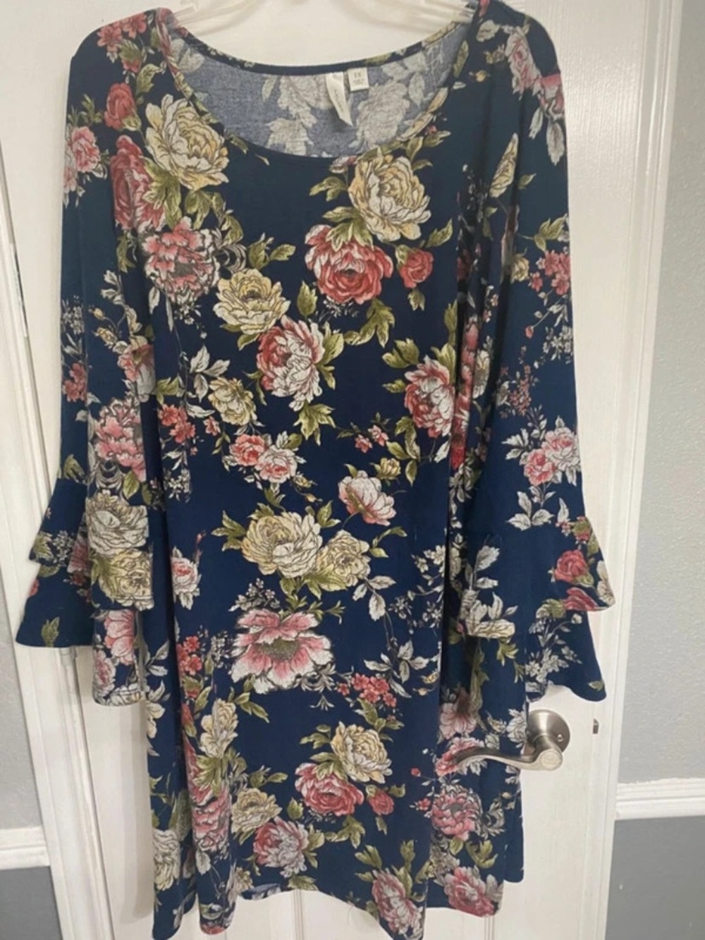 Navy Floral Ruffle-Sleeve Midi Dress